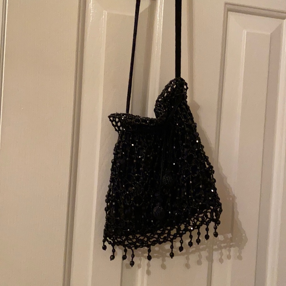 Adorable Beaded Black Satin Bag with velvety straps